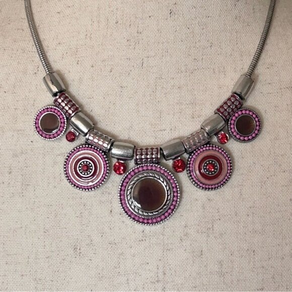 Boho Silver Tone Crystal Enamel Pendant Necklace - Picture 2 of 8